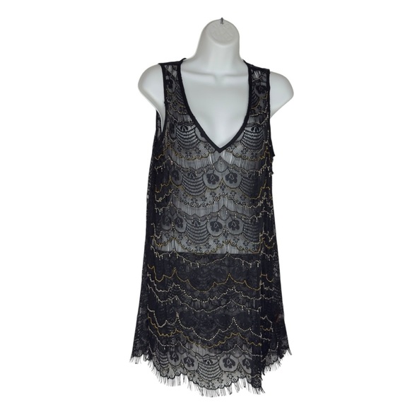 Love & Legend Black Lace With Gold Silver  Beading Sheer Sleeveless Top Large - Picture 2 of 12